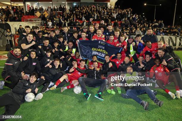 Hume City celebrate with the flag after winning the 2024 Australia Cup Round of 16 match between Hume City and FC Melbourne Srbija at Hume City...
