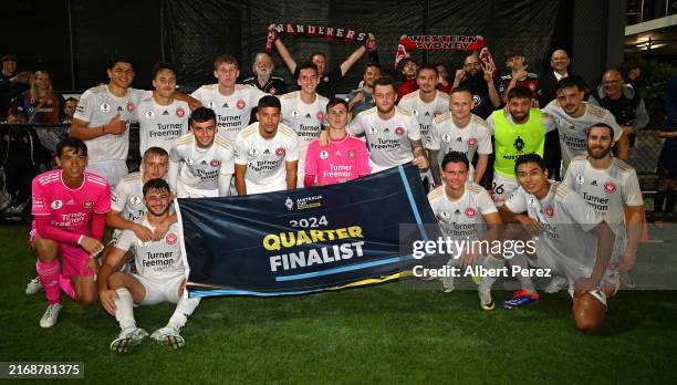Western Sydney Wanderers pose for a group photo after their victory during the 2024 Australia Cup Round of 16 match between Lions FC and Western...