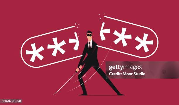 hacker cutting password with a sword vector illustration - internet attack stock illustrations