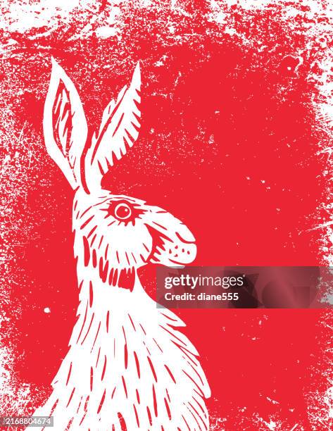 linolschnitt-blockdruck eines kaninchens oder hasen - linolschnitt stock-grafiken, -clipart, -cartoons und -symbole