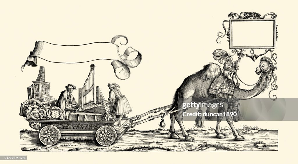 Renaissance art, Musicians playing pipe organ pulled by a camel, Parade, The Triumph of Maximilian I Holy Roman emperor, 16th Century, German woodcut