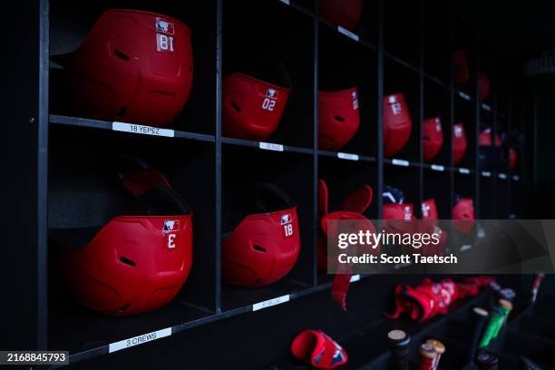 General view of the batting helmet of Dylan Crews of the Washington Nationals before his major league debut game against the New York Yankees at...