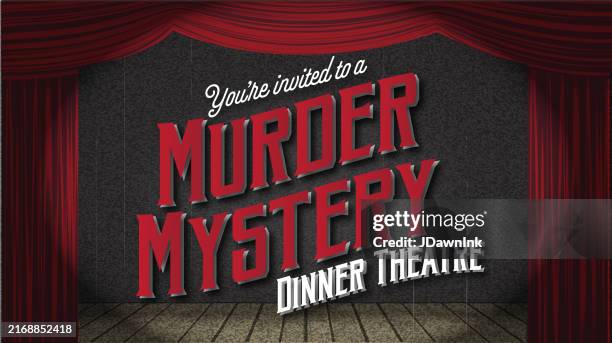 murder mystery dinner theater event einladung designvorlage mit altmodischem roten bühnenvorhang - bühnentheater stock-grafiken, -clipart, -cartoons und -symbole