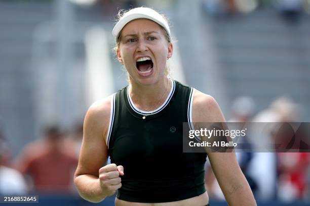 Daria Saville of Australia reacts against Ena Shibahara of Japan during their Women's Singles First Round match on Day Two of the 2024 US Open at the...