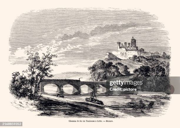 travel destinations in france 1857 : chemin de fer (steam train) toulouse - beziers. xxxl - languedoc roussillon stock illustrations