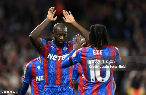 Jean-Phillippe Mateta of Crystal Palace celebrates scoring his sides third goal with Eberechi Eze of Crystal Palace during the Carabao Cup Second...