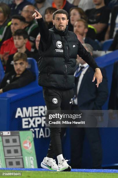 Brighton manager Fabian Huerzeler gestures during the Carabao Cup Second Round match between Brighton & Hove Albion and Crawley Town at Amex Stadium...