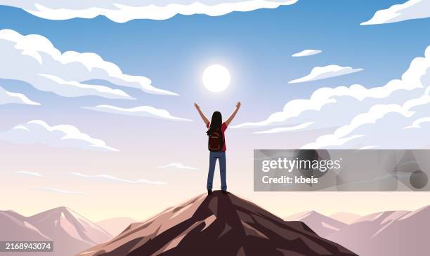 woman standing on top of a mountain with arms raised - woman reaching silhouette stock illustrations