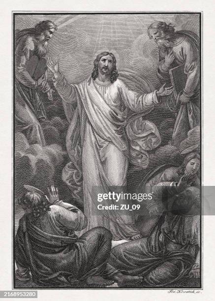 verklärung christi (matthäus 17,1-9), kupferstich, veröffentlicht 1831 - religiöse darstellung stock-grafiken, -clipart, -cartoons und -symbole