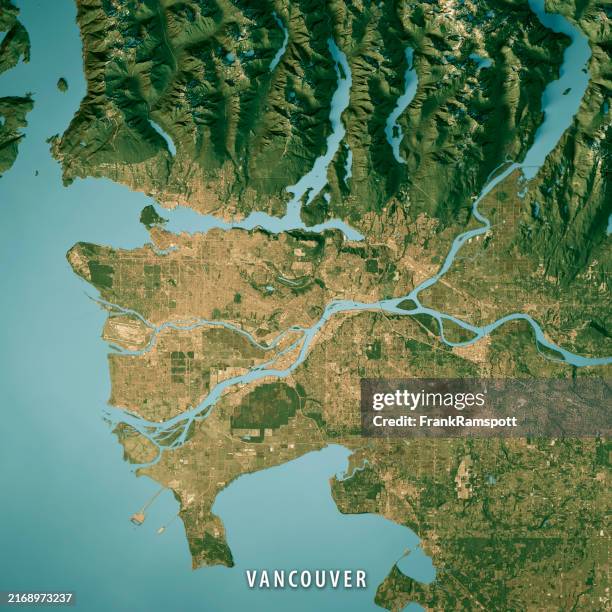 vancouver satellite topographic map 3d render true color - north america topography map stock pictures, royalty-free photos & images