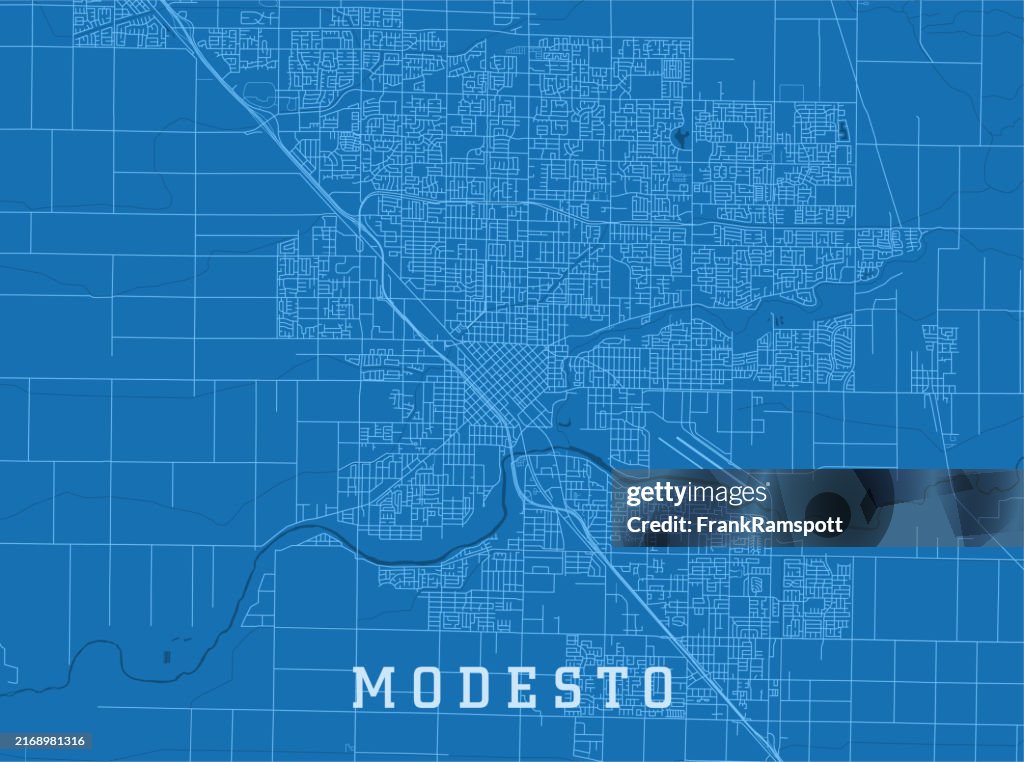 Modesto CA City Vector Road Map Blue Horizontal