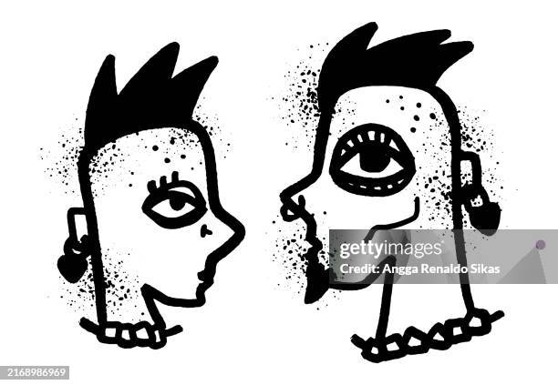 hand drawn punk people head face black airbrush spraypaint drawing - mohawk icon stock illustrations