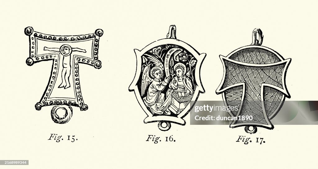 Examples of medieval Tau cross or Saint Anthony's cross, also called a crux commissa, Victorian 19th Century