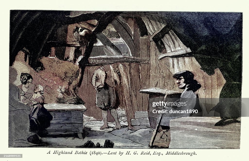Sketch in a Scottish Highland Bothie or Bothy, by Edwin Landseer, Victorian 19th Century style, A bothy is a basic shelter, usually left unlocked and available for anyone to use free of charge.
