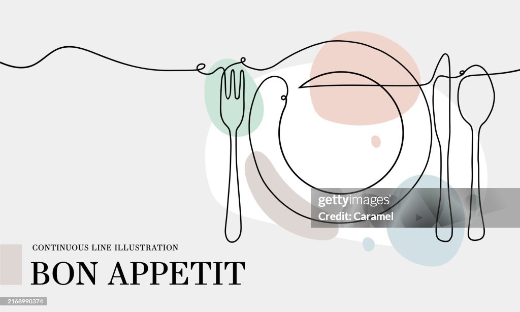 Bon Appetit continuous line drawing with color shapes
