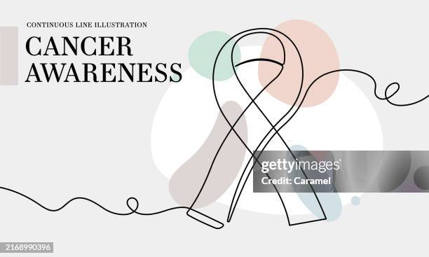 illustrations, cliparts, dessins animés et icônes de sensibilisation au cancer : dessin au trait continu avec des formes en couleur - ruban de lutte contre le cancer du sein