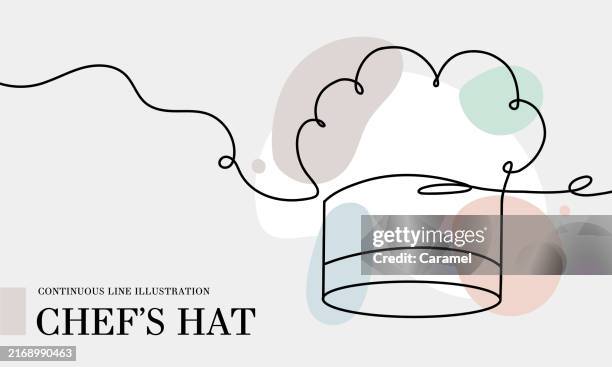chef hat continuous line drawing with color shapes - chefs hat stock illustrations