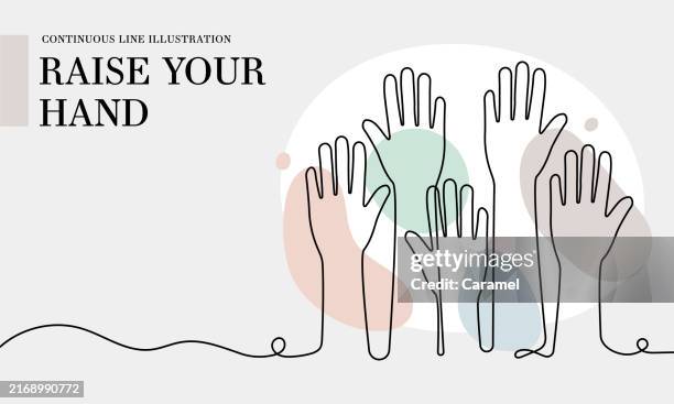 raise your hand continuous line drawing with color shapes - human rights drawing stock illustrations