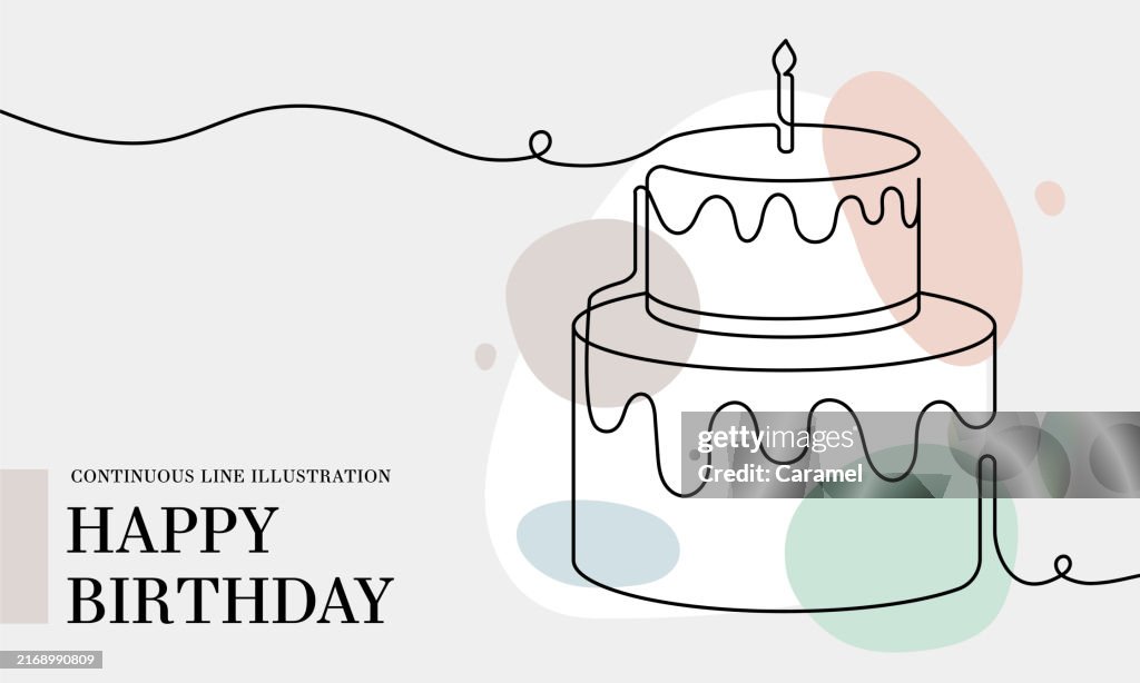 Alles Gute zum Geburtstag fortlaufende Strichzeichnung mit farbigen Formen