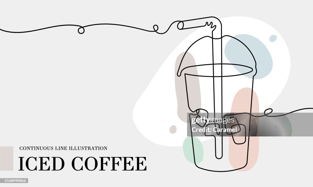 Iced Coffee continuous line drawing with color shapes