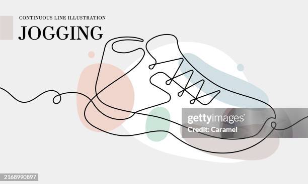 jogging continuous line drawing with color shapes - shoe store stock illustrations