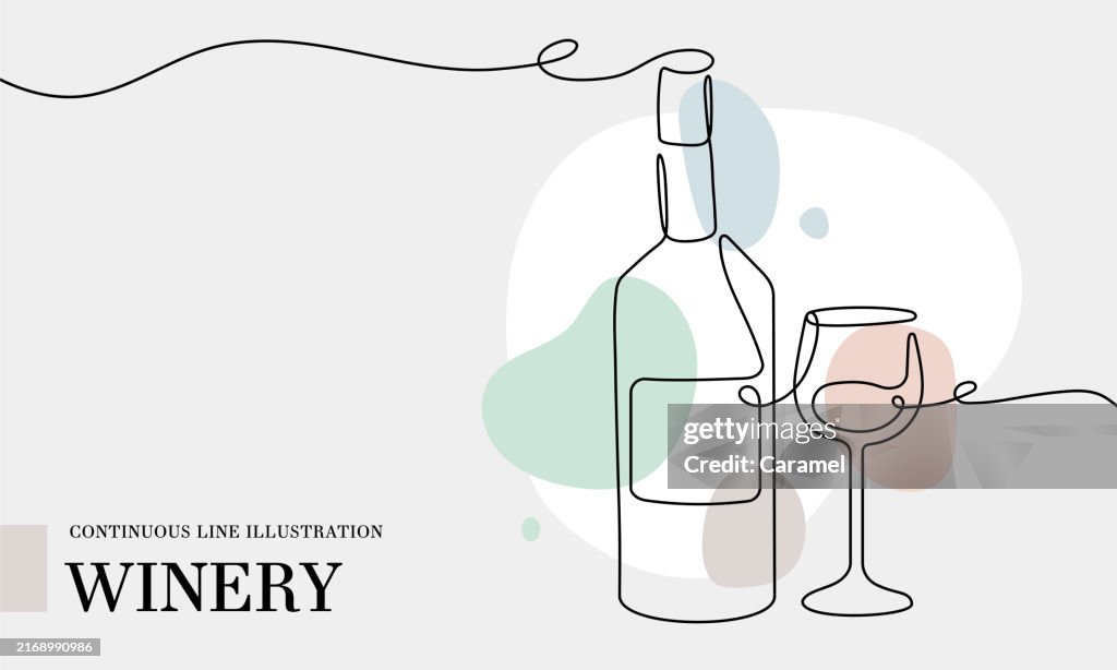 Winery continuous line drawing with color shapes