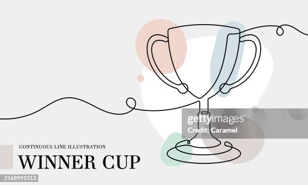 ilustraciones, imágenes clip art, dibujos animados e iconos de stock de dibujo de línea continua de la copa de campeones con formas de color - premio