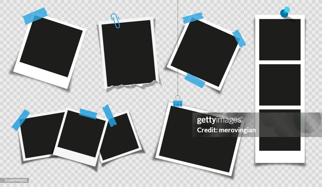 Photo frame collection with blank place with sticky tape, paper clip, binder clip on transparent background