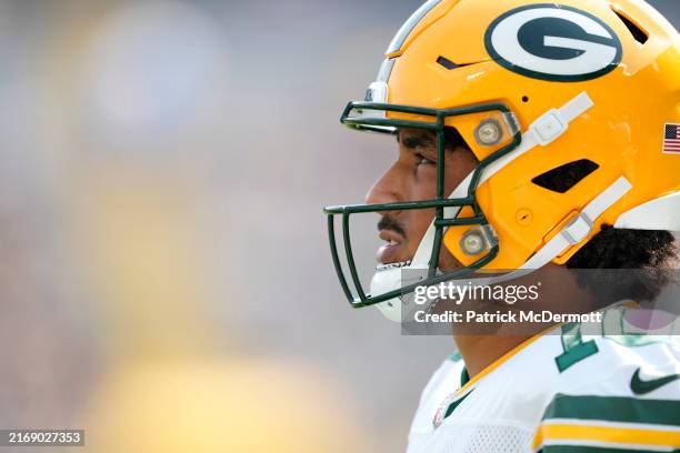 Jordan Love of the Green Bay Packers warms up before a preseason game against the Baltimore Ravens at Lambeau Field on August 24, 2024 in Green Bay,...