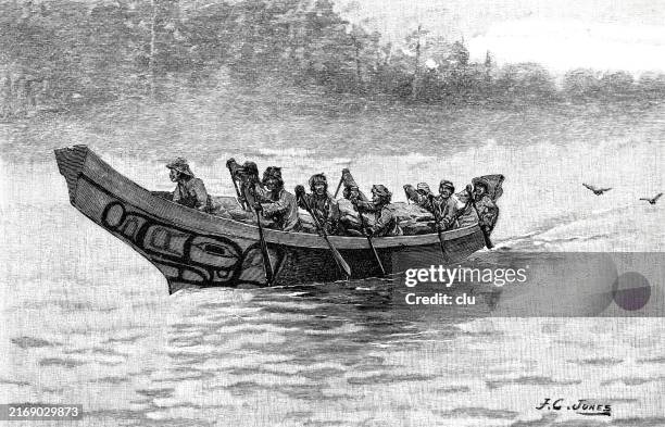 alaska, thlinkits war canoe - canoe stock illustrations