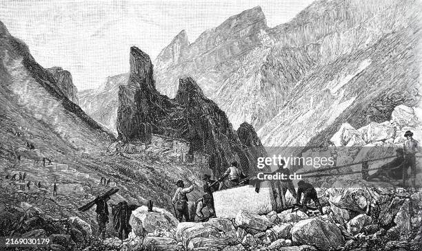 lowering the blocks from the quarry - quarry stock illustrations