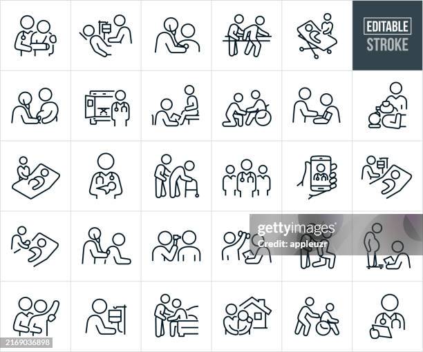 ilustraciones, imágenes clip art, dibujos animados e iconos de stock de enfermeras e iconos de líneas finas de enfermería - trazo editable - asistente de enfermera