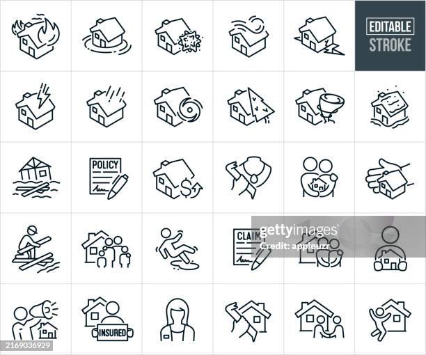 stockillustraties, clipart, cartoons en iconen met homeowners insurance thin line icons - editable stroke - schade