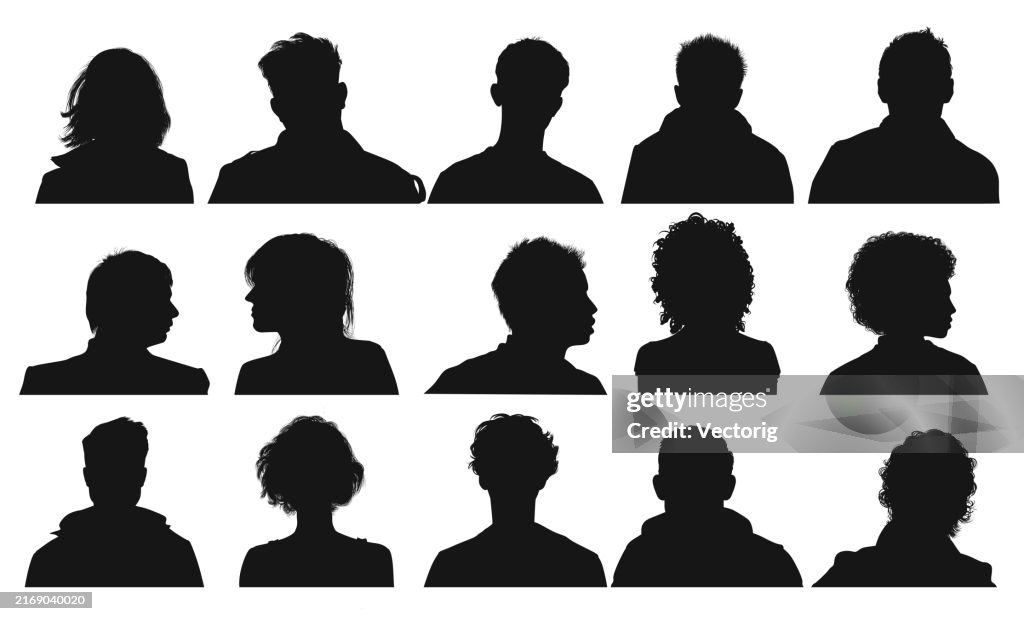 Diverse sagome umane: profili e acconciature in bianco e nero