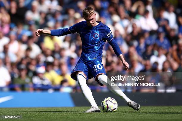 Chelsea's English midfielder Cole Palmer takes a free kick during the English Premier League football match between Chelsea and Crystal Palace at...