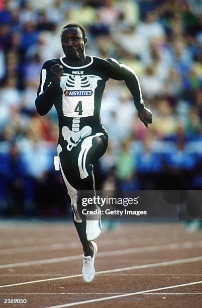 Linford Christie of Great Britain action wearing his skelton suit in the 100 metres at the 1991 McVities Challenge at Don Valley Stadium in Sheffield...