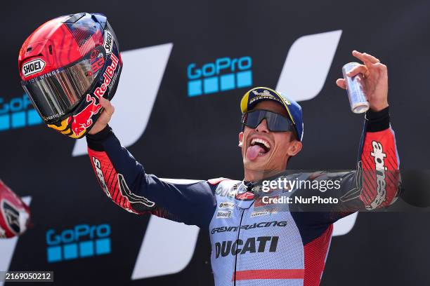 Marc Marquez of Spain and Gresini Racing Moto GP Ducati celebrates victory after the race day of the Gran Premio GoPro de Aragon at Motorland Aragon...