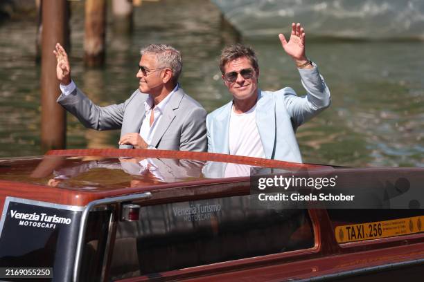 George Clooney and Brad Pitt are seen at the pier of the Palazzo del Cinema during the 81st Venice International Film Festival on September 1, 2024...