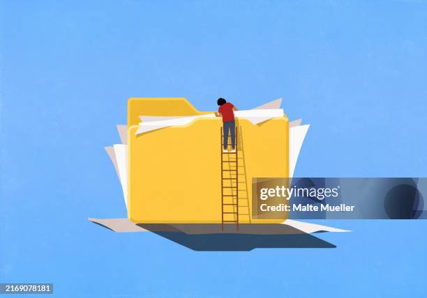 man on ladder looking into large folder with messy paperwork spilling out - huge stock illustrations
