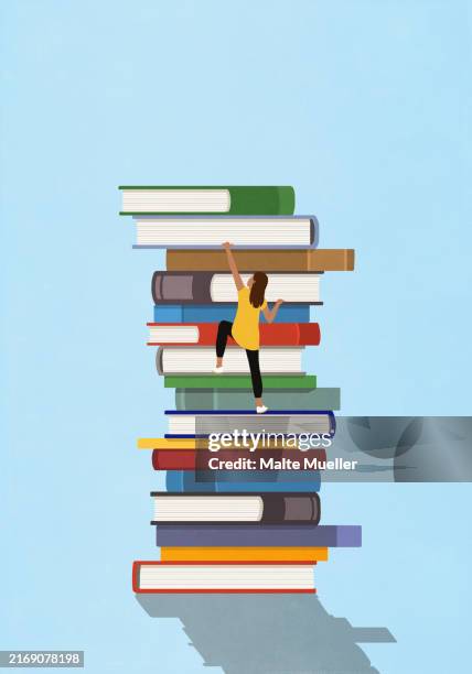 illustrazioni stock, clip art, cartoni animati e icone di tendenza di woman climbing large stack of books - leggere un libro