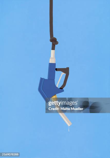 stockillustraties, clipart, cartoons en iconen met knotted blue unleaded gasoline pump dripping upside-down - benzinestation