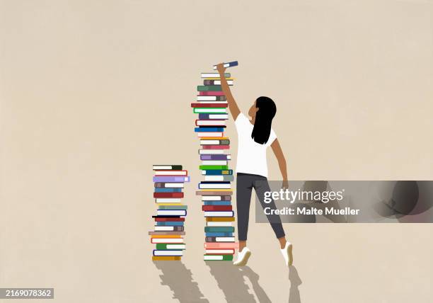 girl placing book on large stack against beige background - child reading stock illustrations