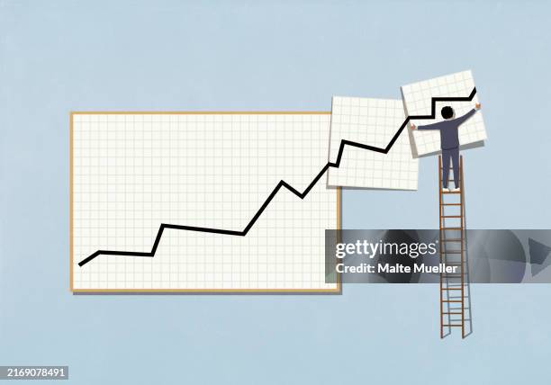businessman on ladder extending graph with ascending line - börse stock-grafiken, -clipart, -cartoons und -symbole
