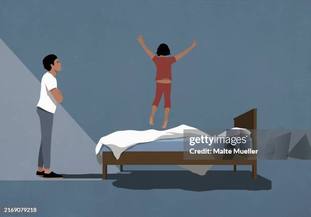 angry father watching daughter jumping on bed at night - person waking up in bed stock illustrations