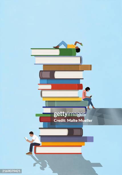 ilustrações de stock, clip art, desenhos animados e ícones de young man and women reading among tall stack of books - jovens estudando