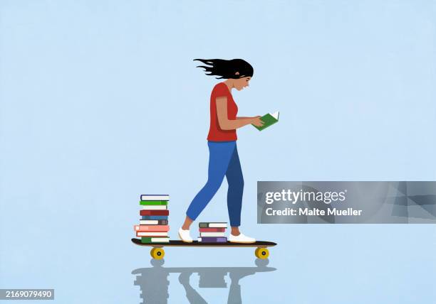 woman with stack of books reading while skateboarding - college students working stock illustrations