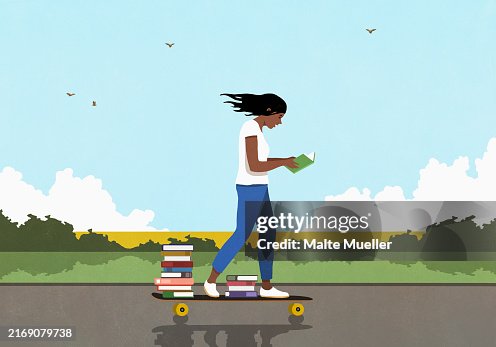 Woman with stack of books reading and skateboarding in sunny, rural countryside Woman with stack of books reading and skateboarding in sunny, rural countryside