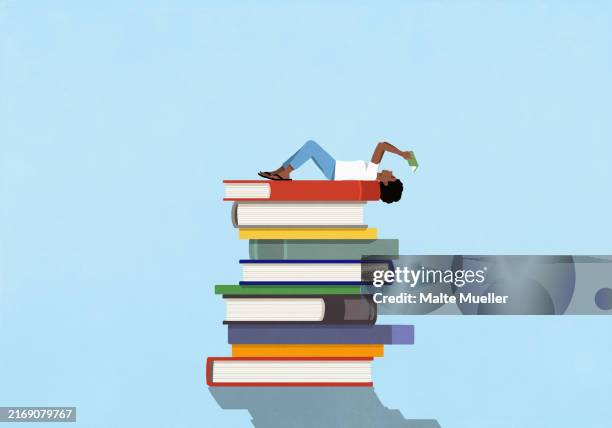 ilustraciones, imágenes clip art, dibujos animados e iconos de stock de woman laying and reading on large stack of books - demasiado grande ilustraciones de stock