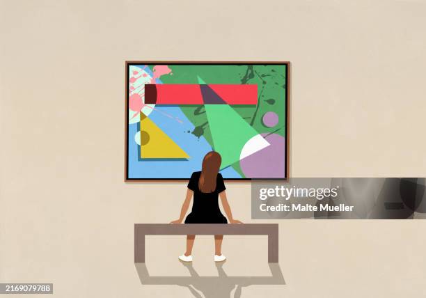 woman leaning and viewing abstract painting in museum - framed fine art painting stock illustrations