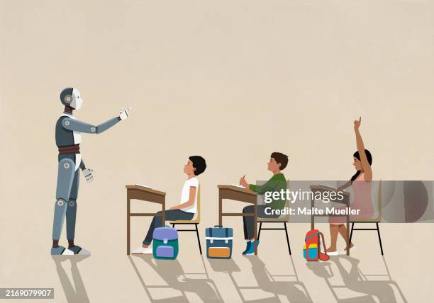 ai robot teaching schoolchildren at desks in classroom - ai stock illustrations